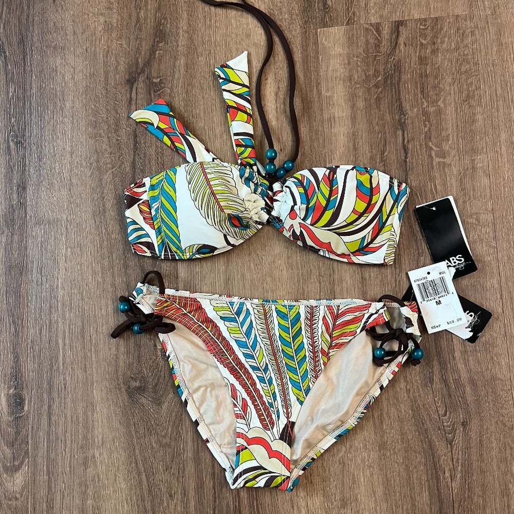 NEW ABS Swimwear Allen Schwartz Boho Feather Bikini Set Sz M